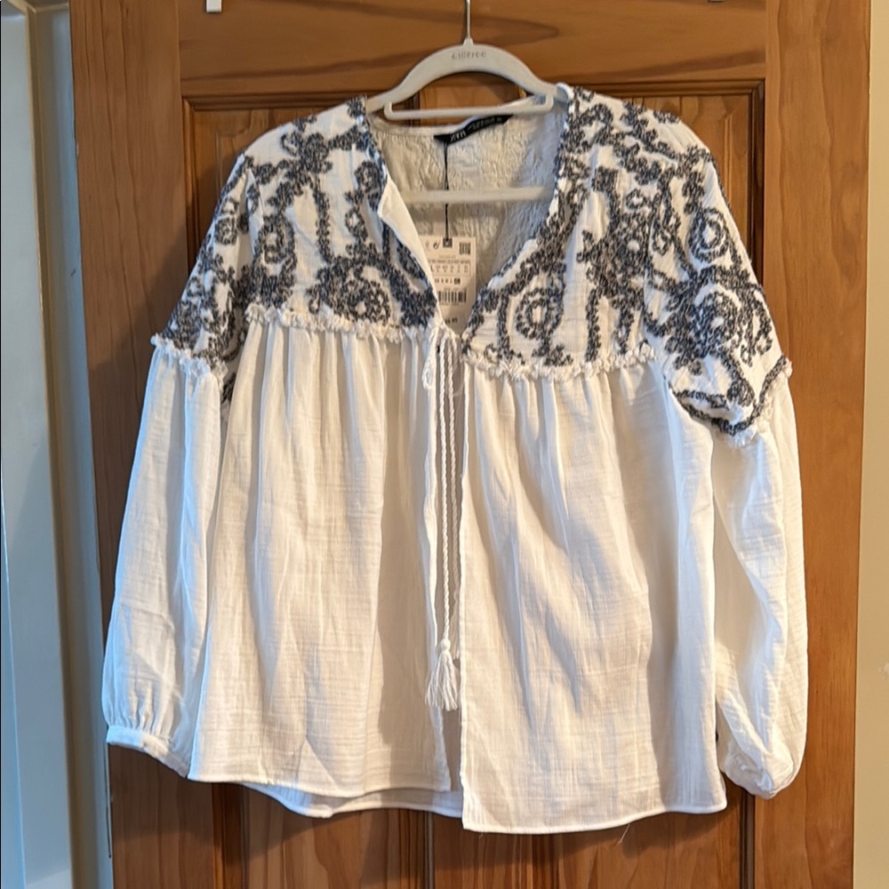 Zara White Blouse with embroidery and tie front